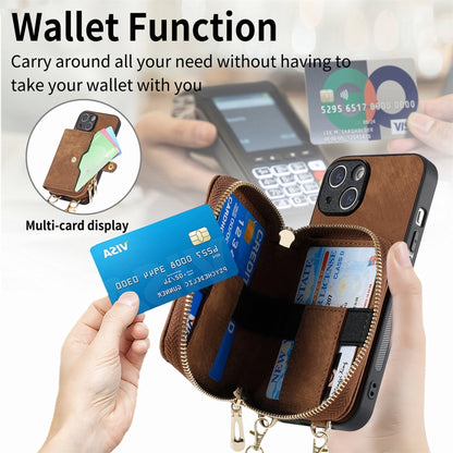 For iPhone 15 Plus Crossbody Multi-function Zipper Wallet Phone Case(Brown) - iPhone 15 Plus Cases by buy2fix | Online Shopping UK | buy2fix