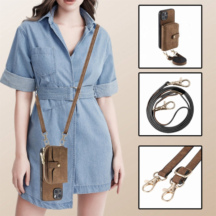For iPhone 15 Plus Crossbody Multi-function Zipper Wallet Phone Case(Brown) - iPhone 15 Plus Cases by buy2fix | Online Shopping UK | buy2fix