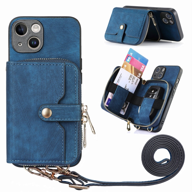 For iPhone 15 Plus Crossbody Multi-function Zipper Wallet Phone Case(Blue) - iPhone 15 Plus Cases by buy2fix | Online Shopping UK | buy2fix