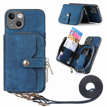 For iPhone 15 Plus Crossbody Multi-function Zipper Wallet Phone Case(Blue) - iPhone 15 Plus Cases by buy2fix | Online Shopping UK | buy2fix