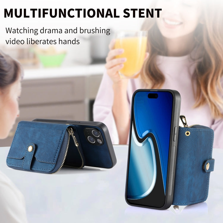 For iPhone 15 Plus Crossbody Multi-function Zipper Wallet Phone Case(Blue) - iPhone 15 Plus Cases by buy2fix | Online Shopping UK | buy2fix