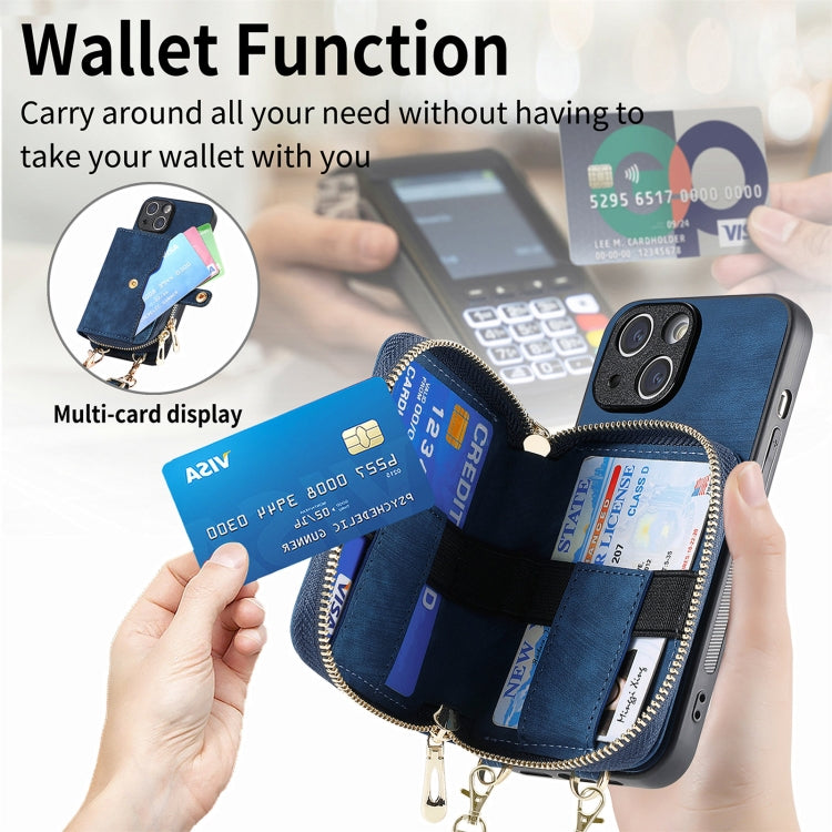 For iPhone 15 Plus Crossbody Multi-function Zipper Wallet Phone Case(Blue) - iPhone 15 Plus Cases by buy2fix | Online Shopping UK | buy2fix