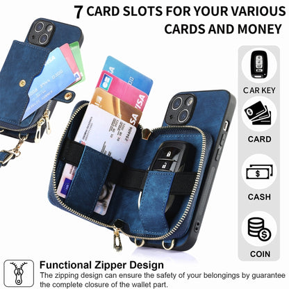 For iPhone 15 Plus Crossbody Multi-function Zipper Wallet Phone Case(Blue) - iPhone 15 Plus Cases by buy2fix | Online Shopping UK | buy2fix