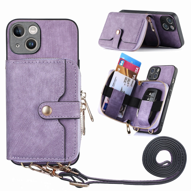 For iPhone 15 Plus Crossbody Multi-function Zipper Wallet Phone Case(Purple) - iPhone 15 Plus Cases by buy2fix | Online Shopping UK | buy2fix