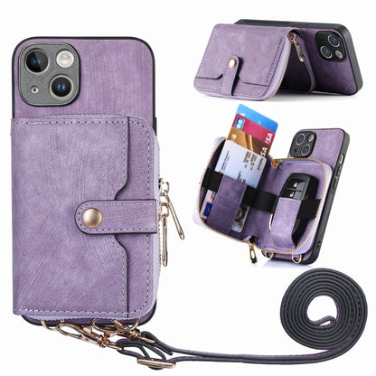 For iPhone 15 Plus Crossbody Multi-function Zipper Wallet Phone Case(Purple) - iPhone 15 Plus Cases by buy2fix | Online Shopping UK | buy2fix