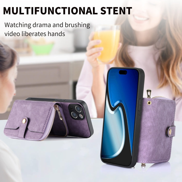 For iPhone 15 Plus Crossbody Multi-function Zipper Wallet Phone Case(Purple) - iPhone 15 Plus Cases by buy2fix | Online Shopping UK | buy2fix