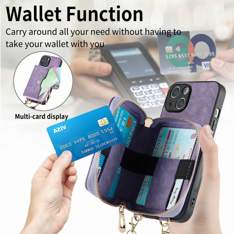 For iPhone 15 Plus Crossbody Multi-function Zipper Wallet Phone Case(Purple) - iPhone 15 Plus Cases by buy2fix | Online Shopping UK | buy2fix