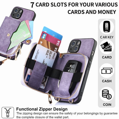 For iPhone 15 Plus Crossbody Multi-function Zipper Wallet Phone Case(Purple) - iPhone 15 Plus Cases by buy2fix | Online Shopping UK | buy2fix