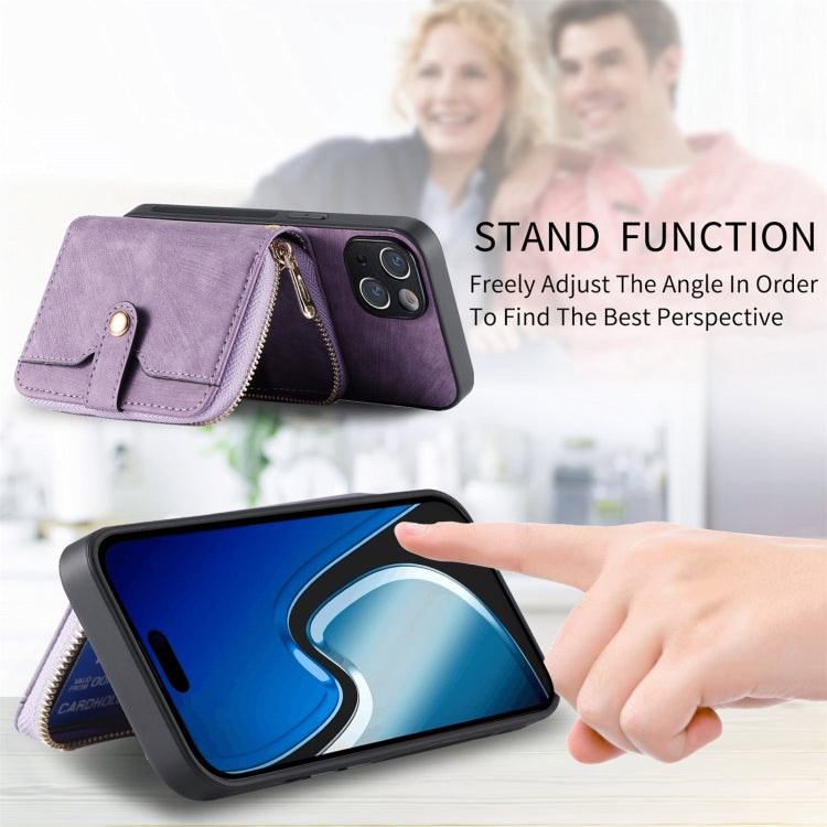 For iPhone 15 Plus Crossbody Multi-function Zipper Wallet Phone Case(Purple) - iPhone 15 Plus Cases by buy2fix | Online Shopping UK | buy2fix