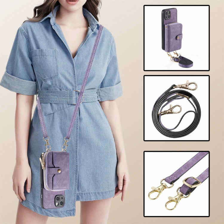 For iPhone 15 Plus Crossbody Multi-function Zipper Wallet Phone Case(Purple) - iPhone 15 Plus Cases by buy2fix | Online Shopping UK | buy2fix
