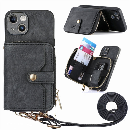 For iPhone 15 Crossbody Multi-function Zipper Wallet Phone Case(Black) - iPhone 15 Cases by buy2fix | Online Shopping UK | buy2fix