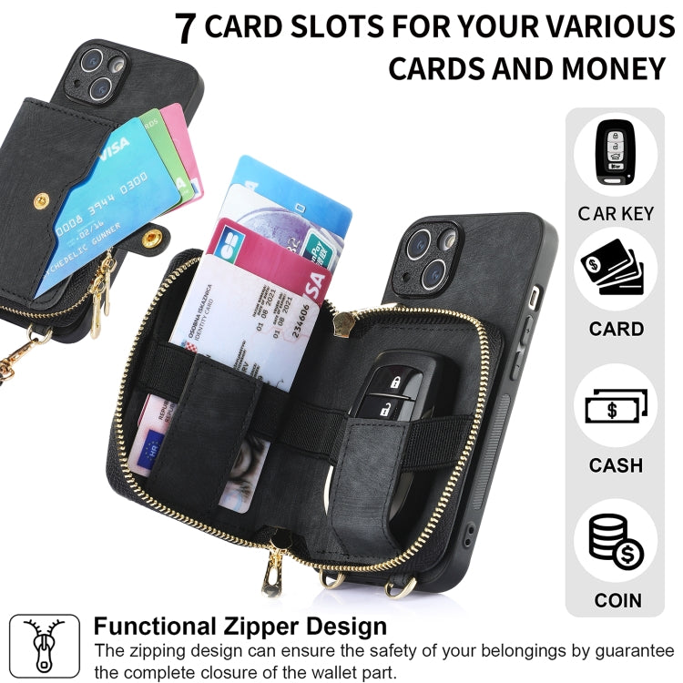 For iPhone 15 Crossbody Multi-function Zipper Wallet Phone Case(Black) - iPhone 15 Cases by buy2fix | Online Shopping UK | buy2fix