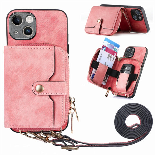 For iPhone 15 Crossbody Multi-function Zipper Wallet Phone Case(Pink) - iPhone 15 Cases by buy2fix | Online Shopping UK | buy2fix