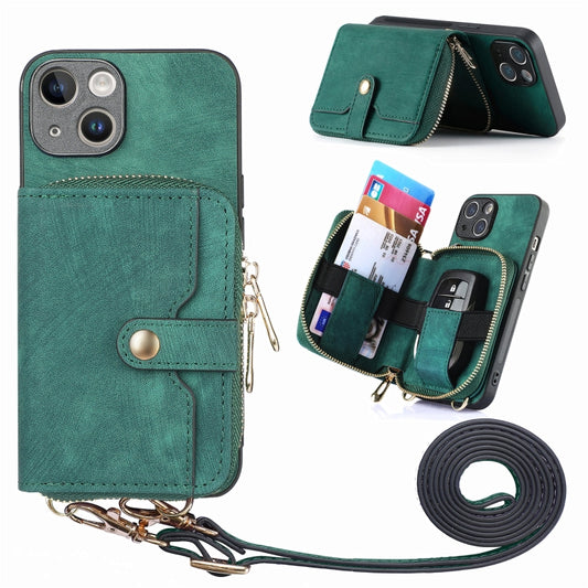 For iPhone 15 Crossbody Multi-function Zipper Wallet Phone Case(Green) - iPhone 15 Cases by buy2fix | Online Shopping UK | buy2fix