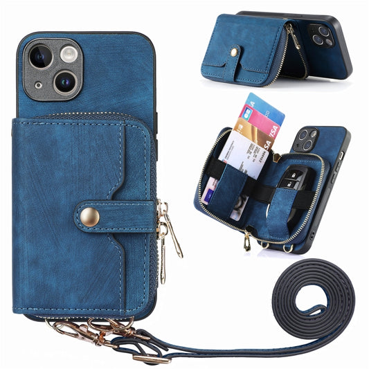 For iPhone 15 Crossbody Multi-function Zipper Wallet Phone Case(Blue) - iPhone 15 Cases by buy2fix | Online Shopping UK | buy2fix