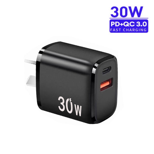 PD30W USB-C / Type-C + QC3.0 USB Dual Port Charger for iPhone 15 / iPad Series, AU Plug(Black) by buy2fix