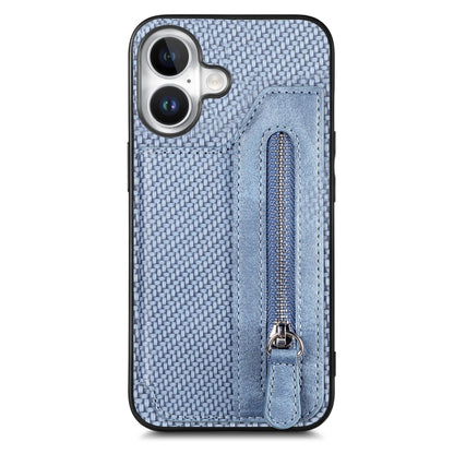 For iPhone 16 Carbon Fiber Horizontal Flip Zipper Wallet Phone Case(Blue) - iPhone 16 Cases by buy2fix | Online Shopping UK | buy2fix