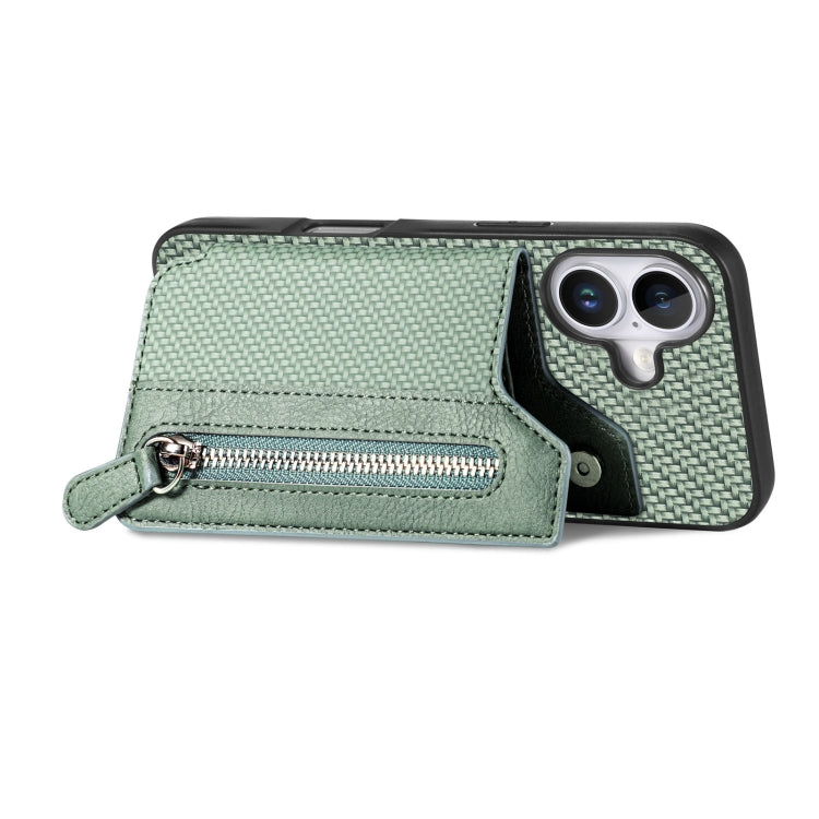 For iPhone 16 Carbon Fiber Horizontal Flip Zipper Wallet Phone Case(Green) - iPhone 16 Cases by buy2fix | Online Shopping UK | buy2fix