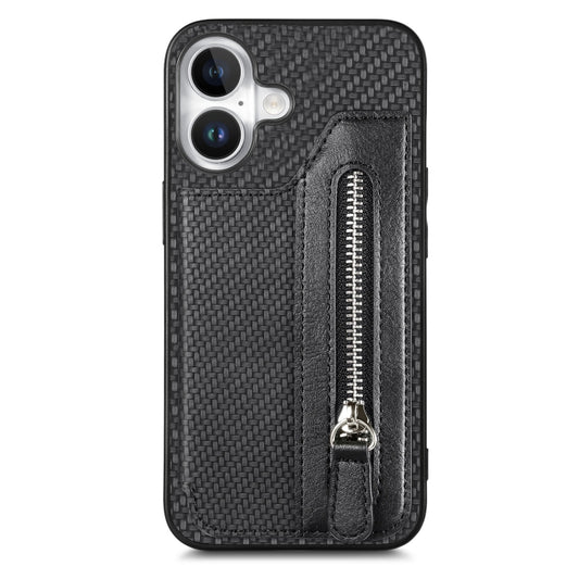 For iPhone 16 Plus Carbon Fiber Horizontal Flip Zipper Wallet Phone Case(Black) by buy2fix