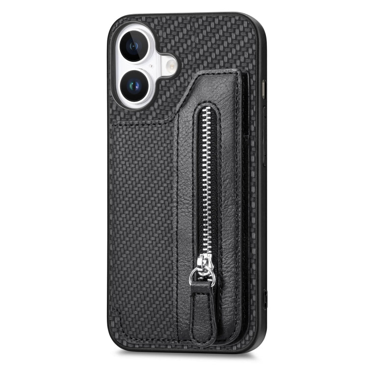 For iPhone 16 Plus Carbon Fiber Horizontal Flip Zipper Wallet Phone Case(Black) by buy2fix