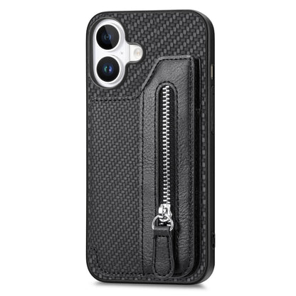 For iPhone 16 Plus Carbon Fiber Horizontal Flip Zipper Wallet Phone Case(Black) by buy2fix