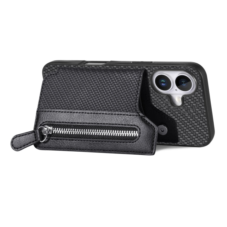 For iPhone 16 Plus Carbon Fiber Horizontal Flip Zipper Wallet Phone Case(Black) by buy2fix