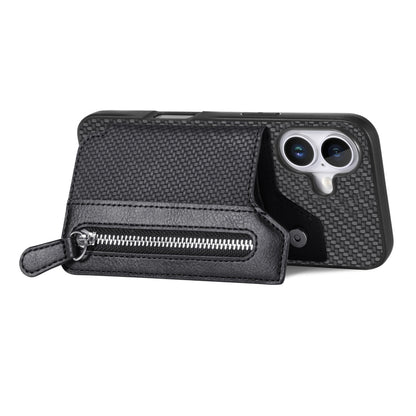 For iPhone 16 Plus Carbon Fiber Horizontal Flip Zipper Wallet Phone Case(Black) by buy2fix