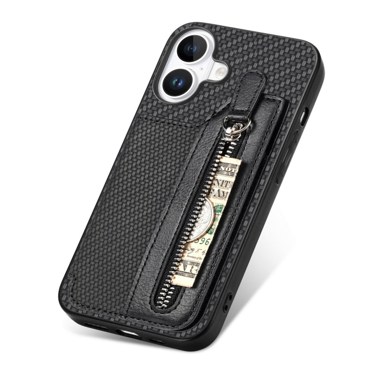 For iPhone 16 Plus Carbon Fiber Horizontal Flip Zipper Wallet Phone Case(Black) by buy2fix