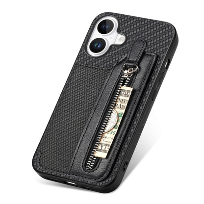 For iPhone 16 Plus Carbon Fiber Horizontal Flip Zipper Wallet Phone Case(Black) by buy2fix