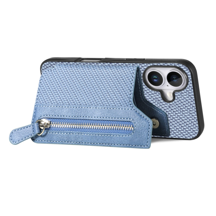 For iPhone 16 Plus Carbon Fiber Horizontal Flip Zipper Wallet Phone Case(Blue) by buy2fix