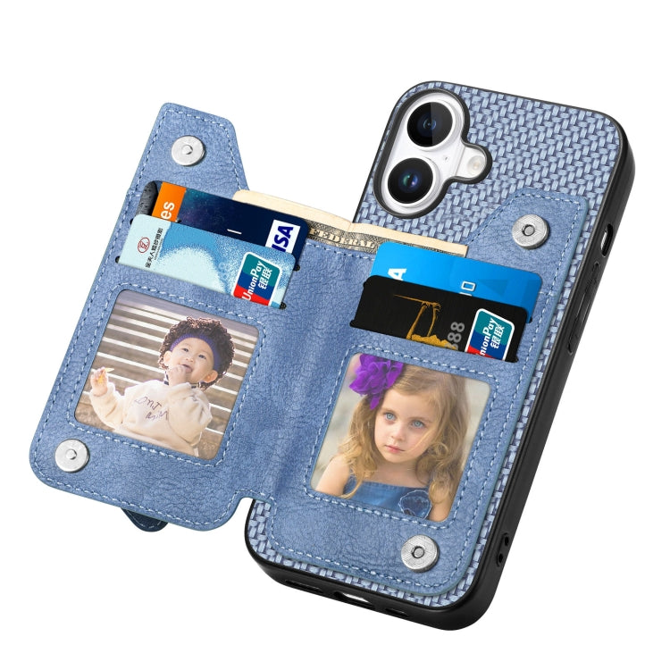 For iPhone 16 Plus Carbon Fiber Horizontal Flip Zipper Wallet Phone Case(Blue) by buy2fix