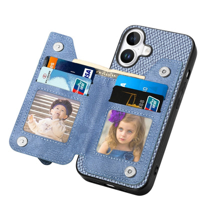 For iPhone 16 Plus Carbon Fiber Horizontal Flip Zipper Wallet Phone Case(Blue) by buy2fix