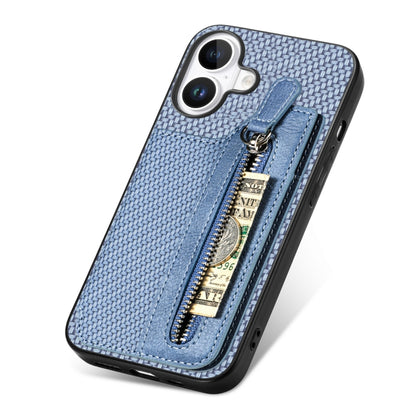 For iPhone 16 Plus Carbon Fiber Horizontal Flip Zipper Wallet Phone Case(Blue) by buy2fix