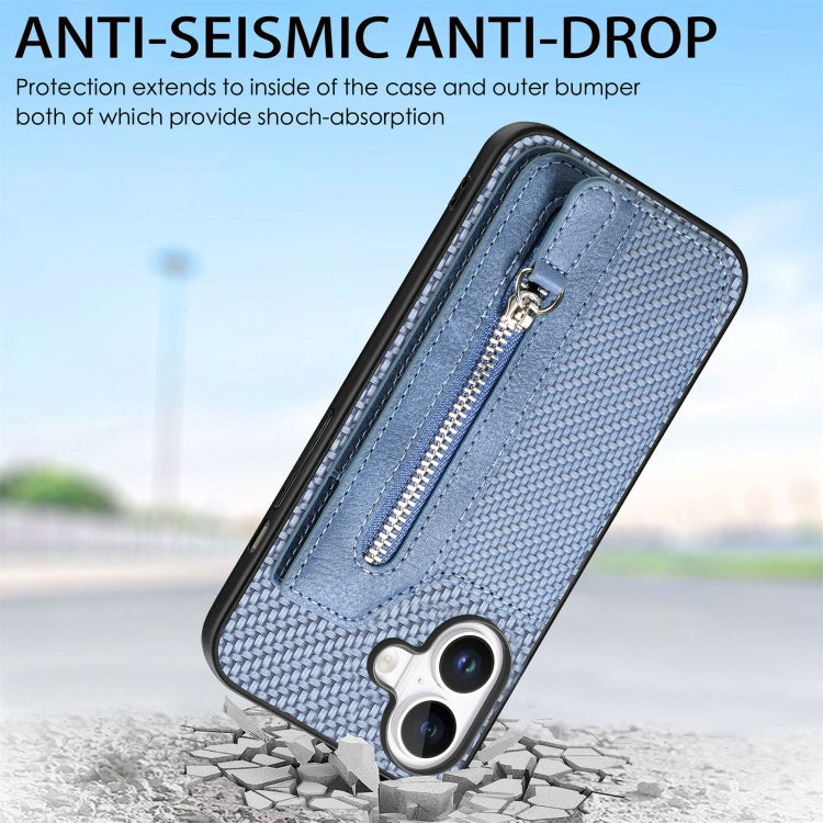 For iPhone 16 Plus Carbon Fiber Horizontal Flip Zipper Wallet Phone Case(Blue) by buy2fix