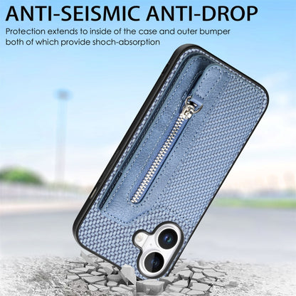 For iPhone 16 Plus Carbon Fiber Horizontal Flip Zipper Wallet Phone Case(Blue) by buy2fix