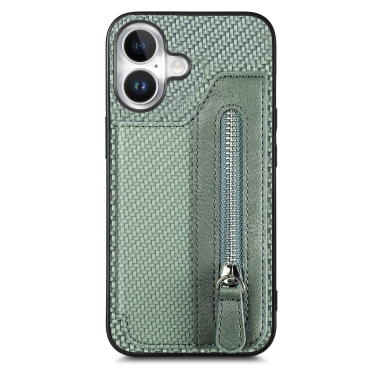 For iPhone 16 Plus Carbon Fiber Horizontal Flip Zipper Wallet Phone Case(Green) by buy2fix