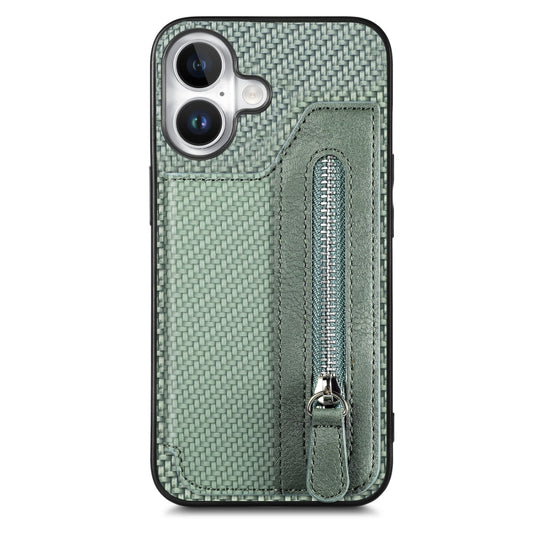 For iPhone 16 Plus Carbon Fiber Horizontal Flip Zipper Wallet Phone Case(Green) by buy2fix