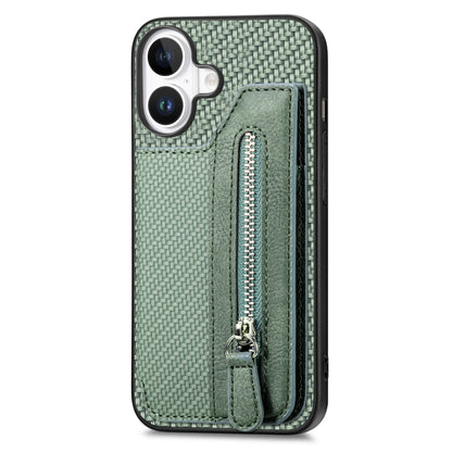 For iPhone 16 Plus Carbon Fiber Horizontal Flip Zipper Wallet Phone Case(Green) by buy2fix