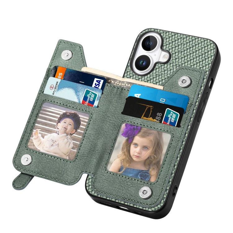 For iPhone 16 Plus Carbon Fiber Horizontal Flip Zipper Wallet Phone Case(Green) by buy2fix