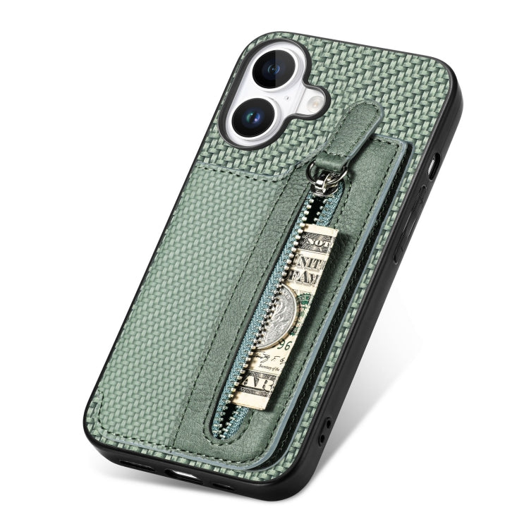 For iPhone 16 Plus Carbon Fiber Horizontal Flip Zipper Wallet Phone Case(Green) by buy2fix