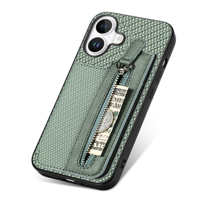 For iPhone 16 Plus Carbon Fiber Horizontal Flip Zipper Wallet Phone Case(Green) by buy2fix