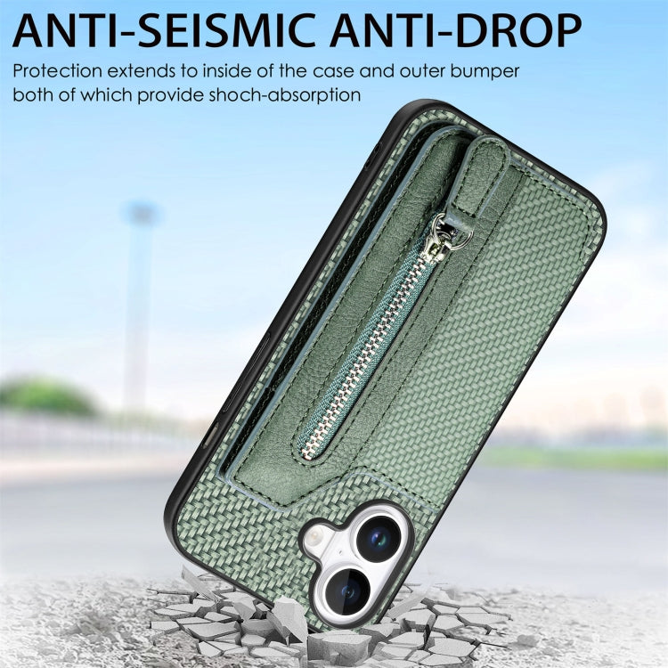 For iPhone 16 Plus Carbon Fiber Horizontal Flip Zipper Wallet Phone Case(Green) by buy2fix