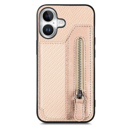 For iPhone 16 Plus Carbon Fiber Horizontal Flip Zipper Wallet Phone Case(Khaki) by buy2fix