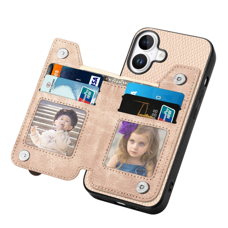 For iPhone 16 Plus Carbon Fiber Horizontal Flip Zipper Wallet Phone Case(Khaki) by buy2fix