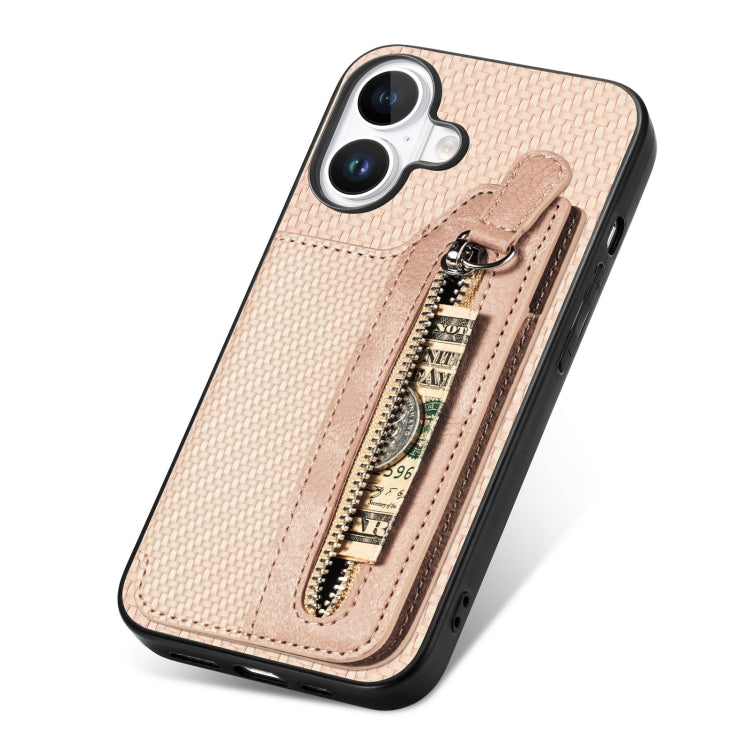 For iPhone 16 Plus Carbon Fiber Horizontal Flip Zipper Wallet Phone Case(Khaki) by buy2fix