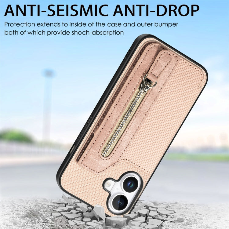 For iPhone 16 Plus Carbon Fiber Horizontal Flip Zipper Wallet Phone Case(Khaki) by buy2fix