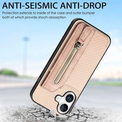 For iPhone 16 Plus Carbon Fiber Horizontal Flip Zipper Wallet Phone Case(Khaki) by buy2fix