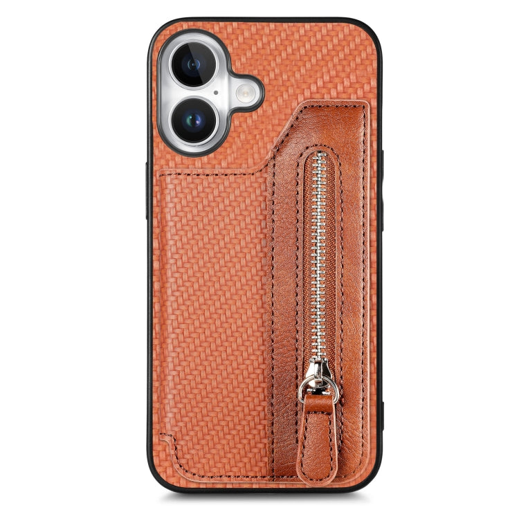 For iPhone 16 Plus Carbon Fiber Horizontal Flip Zipper Wallet Phone Case(Brown) by buy2fix