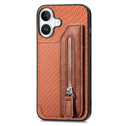 For iPhone 16 Plus Carbon Fiber Horizontal Flip Zipper Wallet Phone Case(Brown) by buy2fix