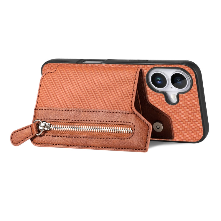 For iPhone 16 Plus Carbon Fiber Horizontal Flip Zipper Wallet Phone Case(Brown) by buy2fix